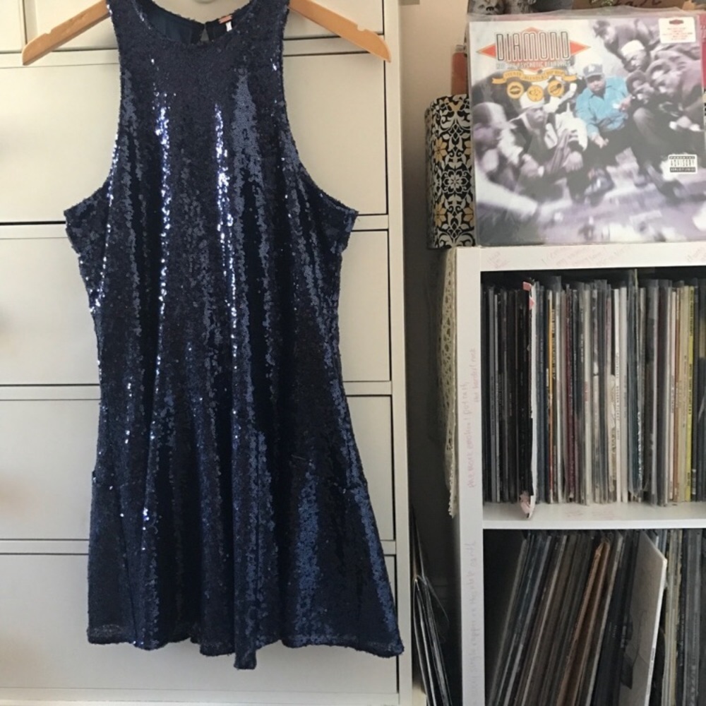 FP NEW Night Out Free People Blue Sequined Liquid Shine Party Dress NWT NYE Navy